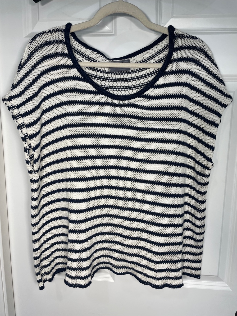 Wooden Ships Loose Knit Striped Top Large White Blue Costal Scoop Neck